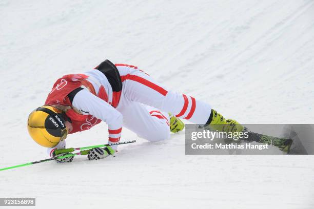 Andrea Limbacher of Austria crashes during the Freestyle Skiing Ladies' Ski Cross Quarterfinals on day fourteen of the PyeongChang 2018 Winter...