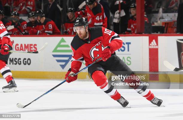 Jimmy Hayes of the New Jersey Devils skates in the first-period against the Minnesota Wild during the game at Prudential Center on February 22, 2018...