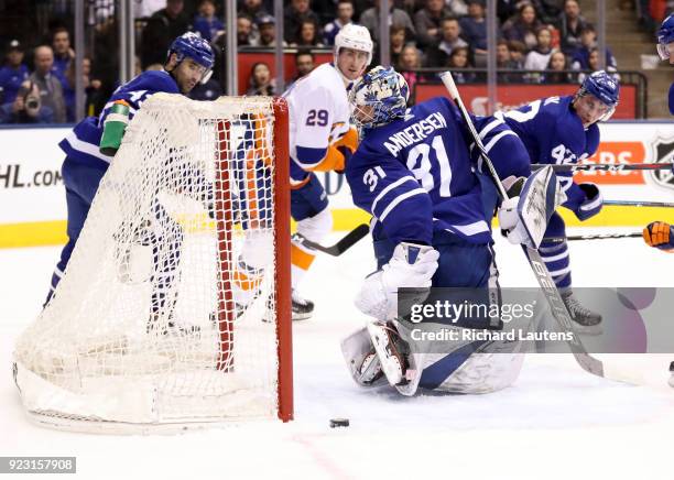 February 22 In second period action, Toronto Maple Leafs goaltender Frederik Andersen looks back as he got beat but the puck slid through the crease...