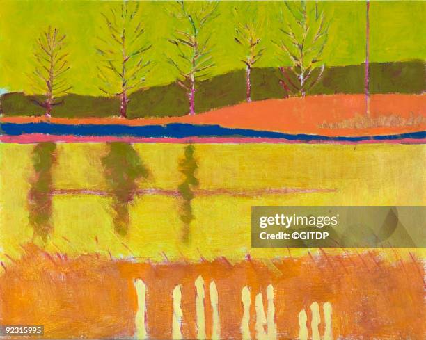 little landscape in yellow and blue - art and craft product stock illustrations