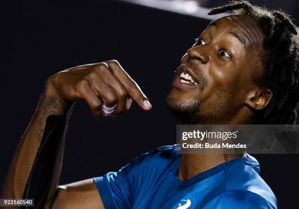 Gael Monfils of France celebrates after winning his match against Marin Cilic of Croatia during the ATP Rio Open 2018 at Jockey Club Brasileiro on...