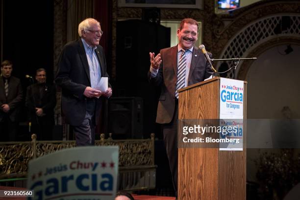Senator Bernie Sanders, an Independent from Vermont, left, is welcomed on stage by Jesus Garcia, Democratic U.S. House candidate from Chicago, during...