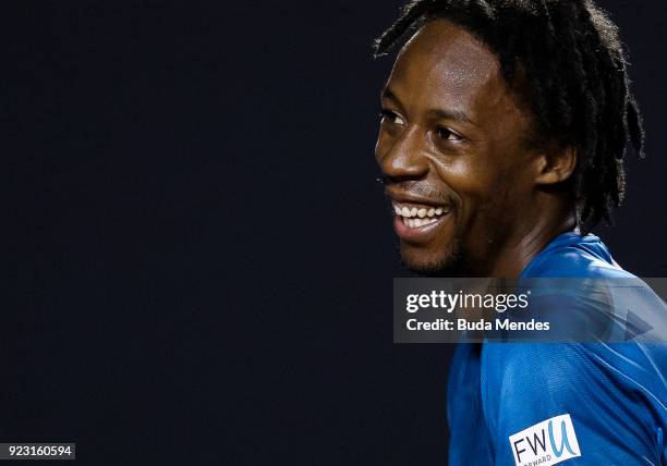 Gael Monfils of France celebrates after winning his match against Marin Cilic of Croatia during the ATP Rio Open 2018 at Jockey Club Brasileiro on...