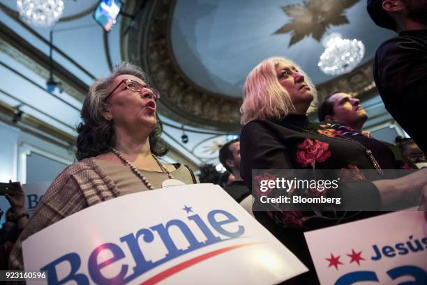 Attendees hold signs during a campaign rally for Jesus Garcia, Democratic U.S. House candidate from Chicago, not pictured, in Chicago, Illinois,...