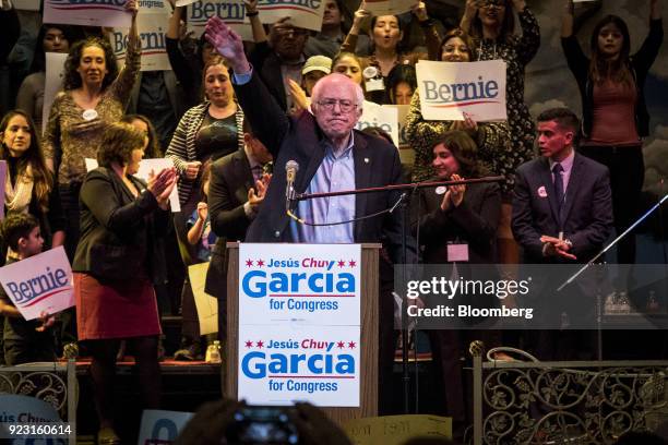 Senator Bernie Sanders, an Independent from Vermont, waves to the crowd during a campaign rally for Jesus Garcia, Democratic U.S. House candidate...