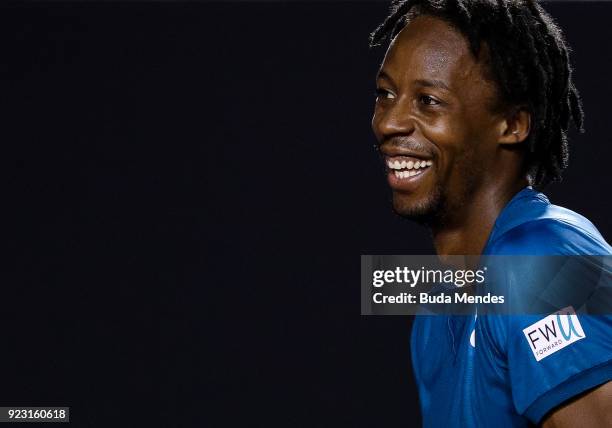 Gael Monfils of France celebrates after winning his match against Marin Cilic of Croatia during the ATP Rio Open 2018 at Jockey Club Brasileiro on...