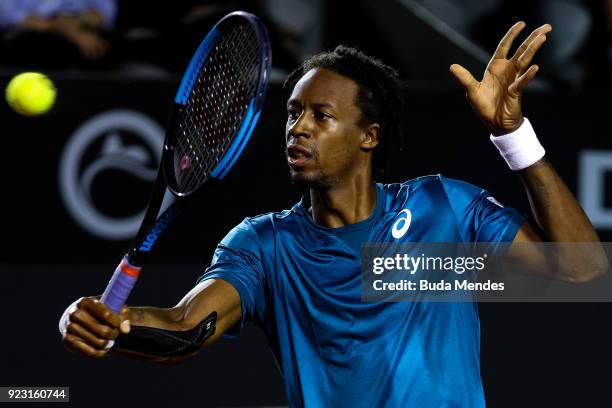 Gael Monfils of France returns a shot to Marin Cilic of Croatia during the ATP Rio Open 2018 at Jockey Club Brasileiro on February 22, 2018 in Rio de...