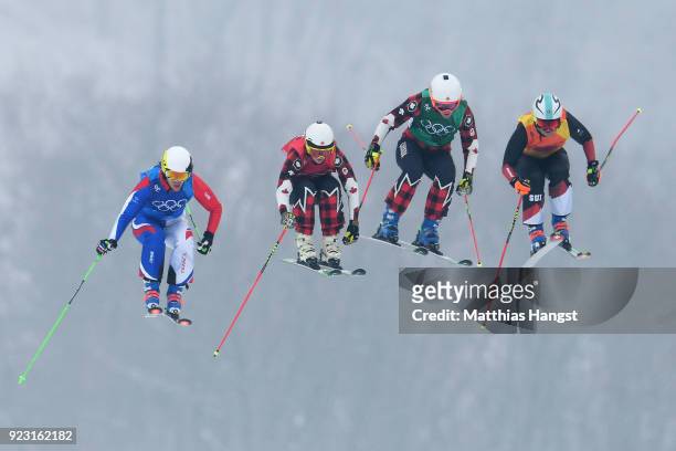 Alizee Baron of France, Kelsey Serwa of Canada, Brittany Phelan of Canada and Sanna Luedi of Switzerland compete during the Freestyle Skiing Ladies'...