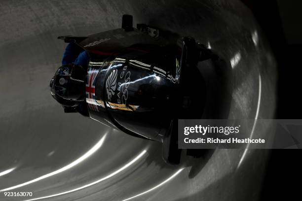 Brad Hall of Great Britain pilots his sled during 4-man Bobsleigh training on day 13 of the Pyeongchang 2018 Winter Olympics on February 22, 2018 in...