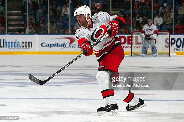 Aaron Ward of the Carolina Hurricanes skates against the New York Islanders on October 21, 2009 at Nassau Coliseum in Uniondale, New York. The Isles...