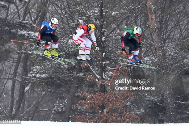 Katrin Ofner of Austria , Sanna Luedi of Switzerland and Priscillia Annen of Switzerland compete during the Freestyle Skiing Ladies' Ski Cross 1/8...