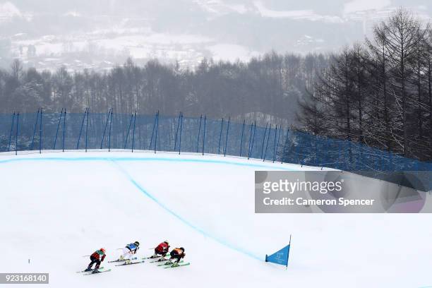 Brittany Phelan of Canada, Sandra Naeslund of Sweden, Kelsey Serwa of Canada and Fanny Smith of Switzerland compete during the Freestyle Skiing...