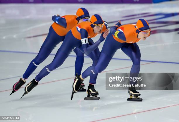 Marrit Leenstra, Ireen Wust and Antoinette de Jong of the Netherlands compete against Japan during the Speed Skating Women's Team Pursuit Final A on...