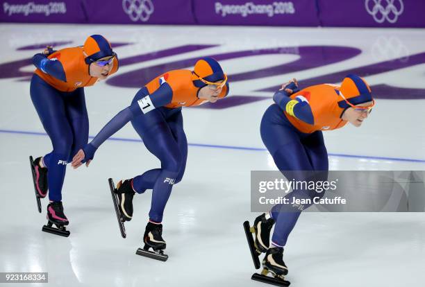 Marrit Leenstra, Ireen Wust and Antoinette de Jong of the Netherlands compete against Japan during the Speed Skating Women's Team Pursuit Final A on...