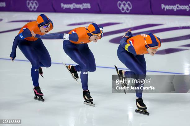 Marrit Leenstra, Ireen Wust and Antoinette de Jong of the Netherlands compete against Japan during the Speed Skating Women's Team Pursuit Final A on...