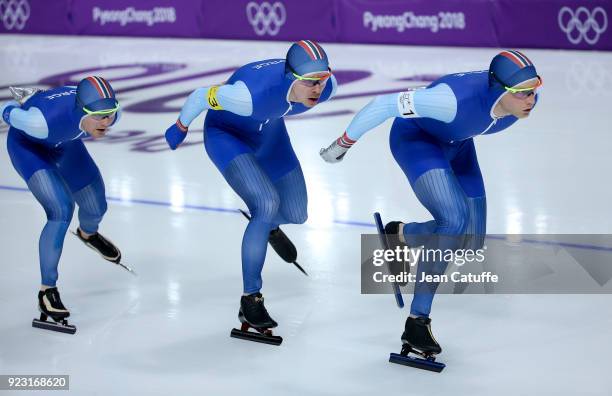 Sverre Lunde Pedersen, Havard Bokko and Simen Spieler Nilsen of Norway compete during the Speed Skating Men's Team Pursuit Final A against Korea on...