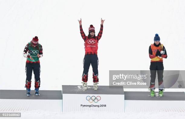 Kelsey Serwa of Canada celebrates winning the gold medal with silver medallist Brittany Phelan of Canada and bronze medallist Fanny Smith of...