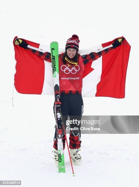 Kelsey Serwa of Canada celebrates winning the gold medal during the victory ceremony for the Freestyle Skiing Ladies' Ski Cross Big Final on day...