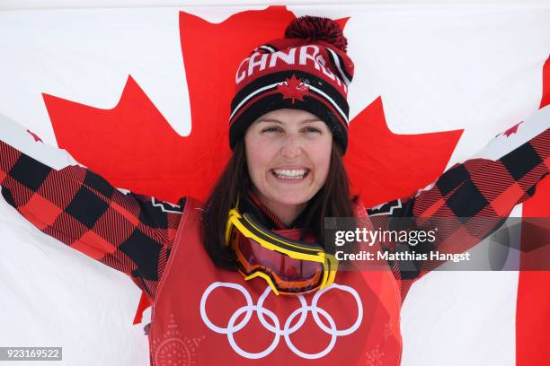 Kelsey Serwa of Canada celebrates winning the gold medal during the victory ceremony for the Freestyle Skiing Ladies' Ski Cross Big Final on day...