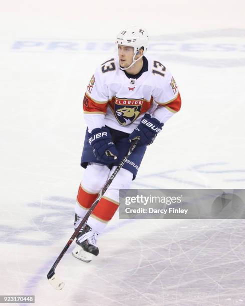 Mark Pysyk of the Florida Panthers keeps an eye on the play during second period action against the Winnipeg Jets at the Bell MTS Place on February...