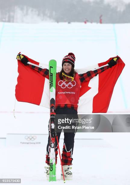 Kelsey Serwa of Canada celebrates winning the gold medal during the victory ceremony for the Freestyle Skiing Ladies' Ski Cross Big Final on day...