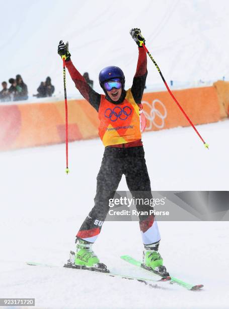 Bronze medallist Fanny Smith of Switzerland celebrates during the Freestyle Skiing Ladies' Ski Cross Big Final on day fourteen of the PyeongChang...