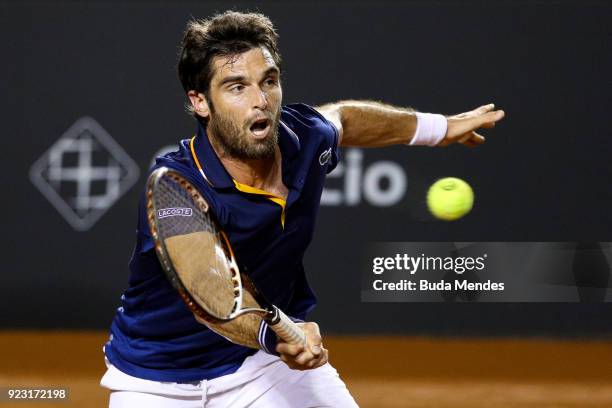 Pablo Andujar of Spain returns a shot to Dominic Thiem of Austria during the ATP Rio Open 2018 at Jockey Club Brasileiro on February 22, 2018 in Rio...