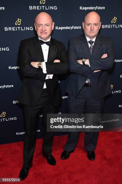 Astronauts Mark Kelly with Scott Kelly on the red carpet at the "#LEGENDARYFUTURE" Roadshow 2018 New York on February 22, 2018.