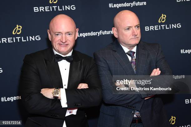 Astronauts Mark Kelly with Scott Kelly on the red carpet at the "#LEGENDARYFUTURE" Roadshow 2018 New York on February 22, 2018.
