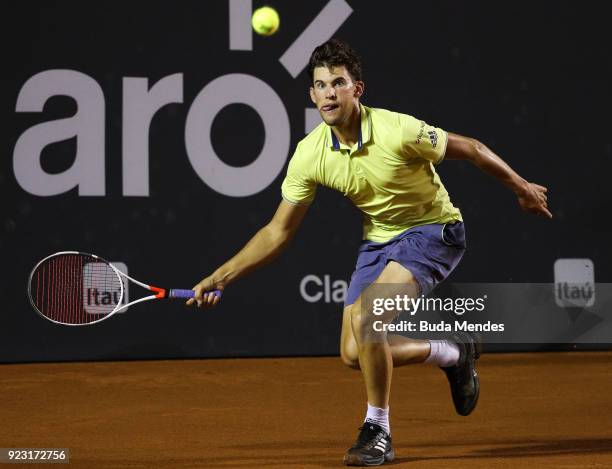 Dominic Thiem of Austria returns a shot to Pablo Andujar of Spain during the ATP Rio Open 2018 at Jockey Club Brasileiro on February 22, 2018 in Rio...