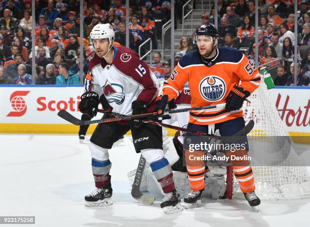 Mark Letestu of the Edmonton Oilers battles for position with Duncan Siemens of the Colorado Avalanche on February 22, 2018 at Rogers Place in...