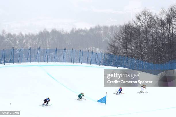 Sanna Luedi of Switzerland, Sami Kennedy-Sim of Australia, Alizee Baron of France and Lisa Andersson of Sweden compete during the Freestyle Skiing...