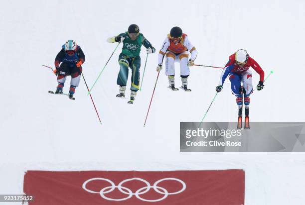 Alizee Baron of France leads Lisa Andersson of Sweden, Sami Kennedy-Sim of Australia and Sanna Luedi of Switzerland during the Freestyle Skiing...