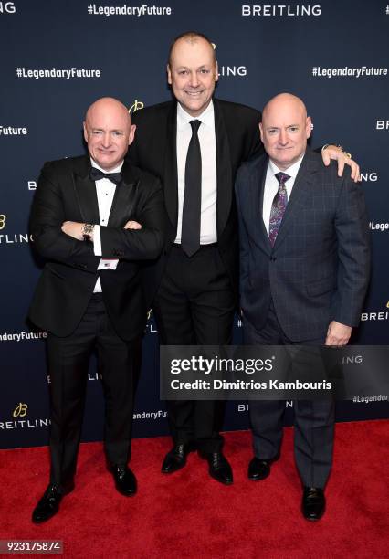 Astronaut Mark Kelly, Breitling USA President Thierry Prissert, and astronaut Scott Kelly on the red carpet at the "#LEGENDARYFUTURE" Roadshow 2018...