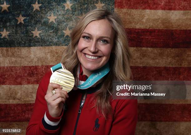 Gold medalist in Ladies' Snowboard Slopestyle Jamie Anderson of the United States poses for a portrait on the Today Show Set on February 12, 2018 in...