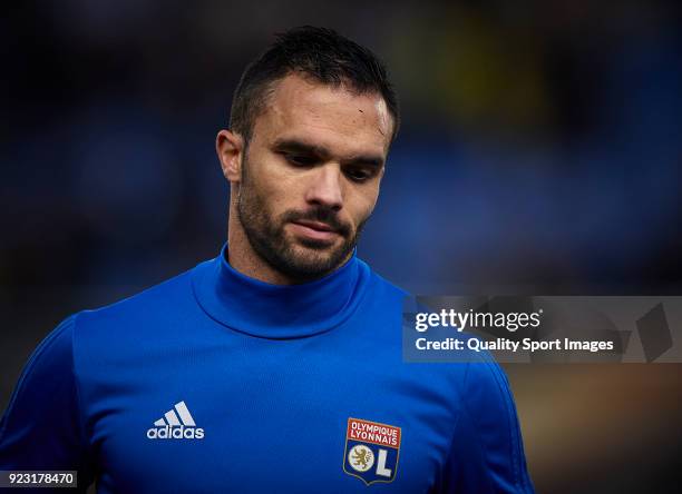 Jeremy Morel of Olympique Lyon looks on prior the UEFA Europa League Round of 32 match between Villarreal and Olympique Lyon at the Estadio de la...