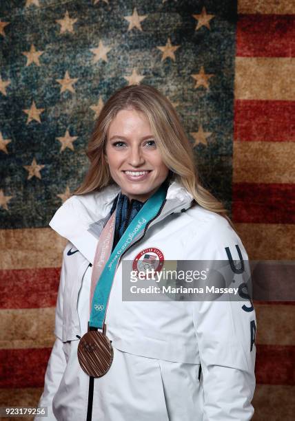 Mia Manganello of the United States poses for a portrait with her bronze medal in the Ladies' Speed Skating Team Pursuit on the Today Show Set on...