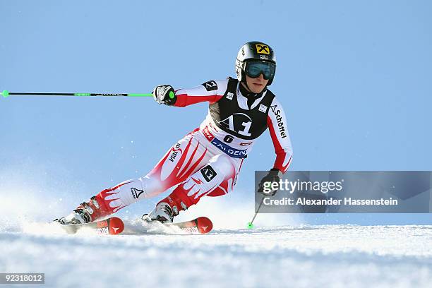 Kathrin Zettel of Austria competes in the Women's giant slalom event of the Woman's Alpine Skiing FIS World Cup at the Rettenbachgletscher on October...