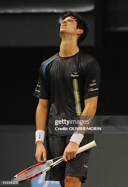 Brasil's Thomaz Bellucci reacts during his match against Belgium's Olivier Rochus during the semi final in Stockholm, October 24th, 2009 during the...