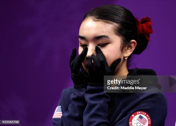 Karen Chen of the United States reacts after competing during the Ladies Single Skating Free Skating on day fourteen of the PyeongChang 2018 Winter...