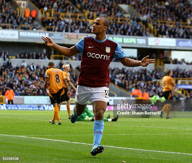 Gabriel Agbonlahor of Aston Villa celebrates after scoring during the Barclays Premier League match between Wolverhampton Wanderers and Aston Villa...
