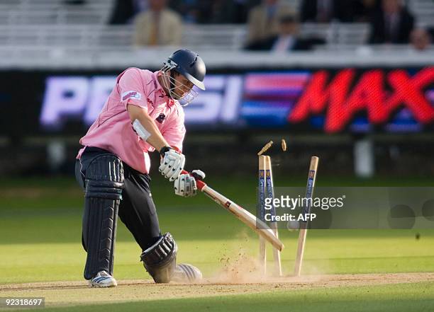Middlesex Panthers Billy Godleman is bowled by Rajasthan Royals Sohail Tanvir during the Twenty Twenty British Asian Challenge at Lords cricket...