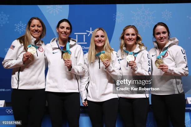 Members of the United States Women's Ice Hockey team Meghan Duggan, Hilary Knight, Monique Lamoureux-Morando, Jocelyne Lamoureux-Davidson and Maddie...