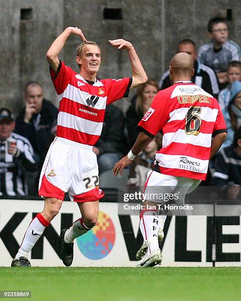 Dean Shiels celebrates scoring the first goal during the Coca-Cola Championship match between Newcastle United and Doncaster Rovers at St James' Park...