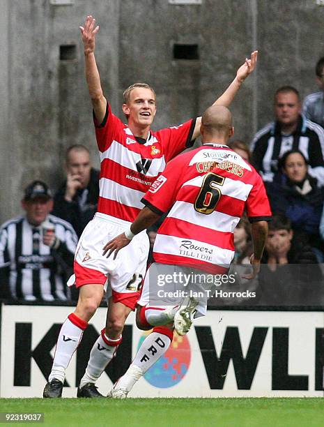 Dean Shiels celebrates scoring the first goal during the Coca-Cola League Championship match between Newcastle United and Doncaster Rovers at St...