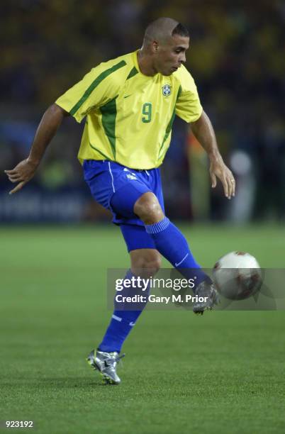 Ronaldo of Bazil on the ball during the Germany v Brazil, World Cup Final match played at the International Stadium Yokohama, Yokohama, Japan on June...