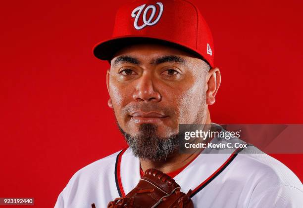 Joaquin Benoit of the Washington Nationals poses for a photo during photo days at The Ballpark of the Palm Beaches on February 22, 2018 in West Palm...