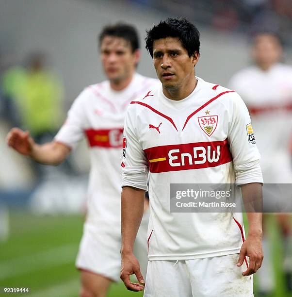 Mendoza Osorio of Stuttgart looks dejected during the Bundesliga match between Hannover 96 and VfB Stuttgart at the AWD Arena on October 24, 2009 in...