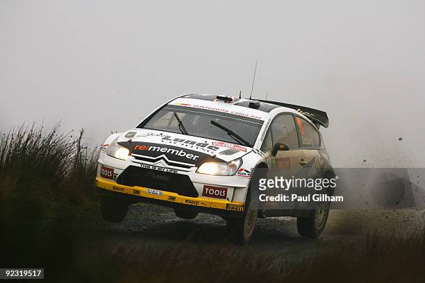 Petter Solberg of Norway and Citroen drives the Citroen C4 WRC during stage nine of the Wales Rally GB at Halfway on October 24, 2009 in Sennybridge,...