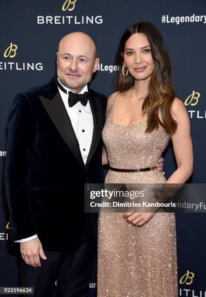 Breitling CEO Georges Kern with Olivia Munn on the red carpet at the "#LEGENDARYFUTURE" Roadshow 2018 New York on February 22, 2018.